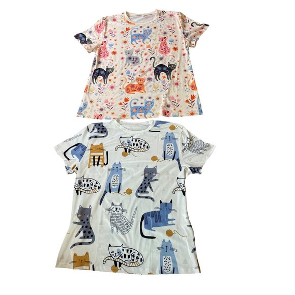 2 Cat Print T-Shirts Womens Short Sleeve 1XL - Picture 1 of 9